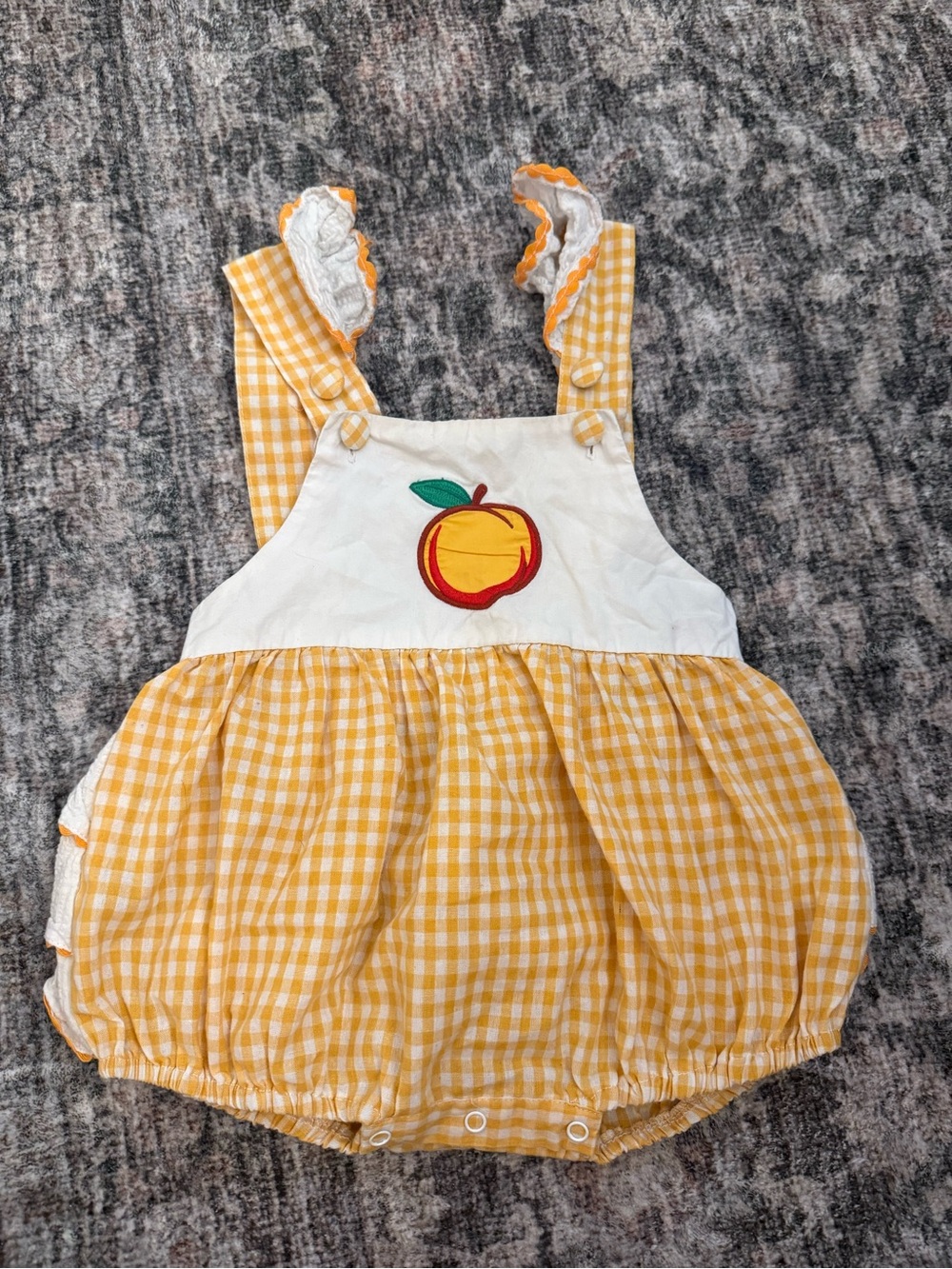 Yellow Gingham Bubble Romper with White Bib and Ruffle Straps